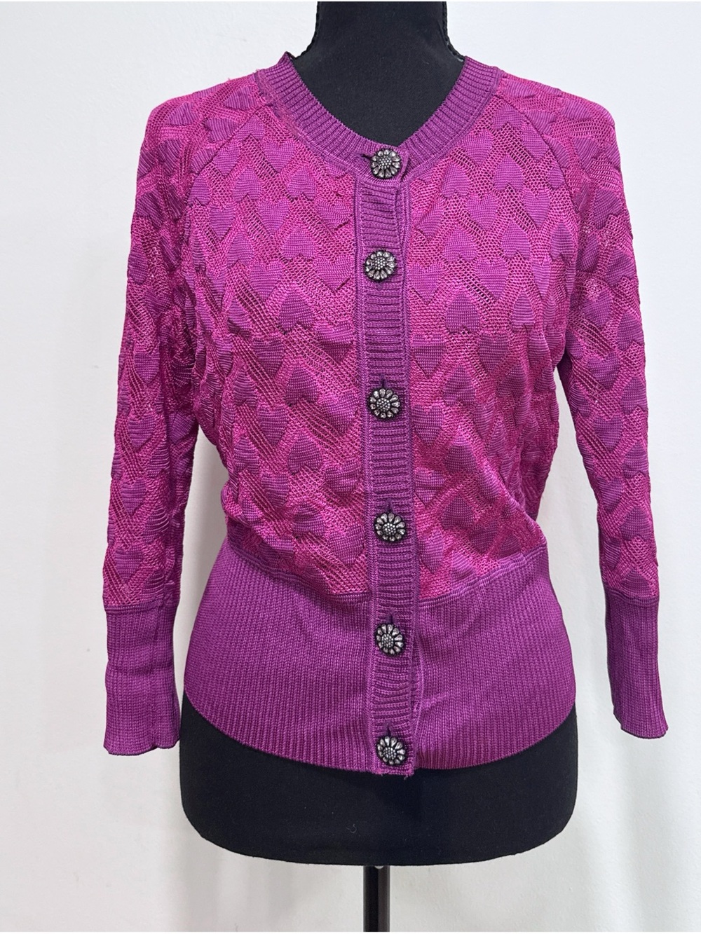 St.John Couture Jewel Rhinestone Buttons Hearts Boho Fairycore Knit Cardigan